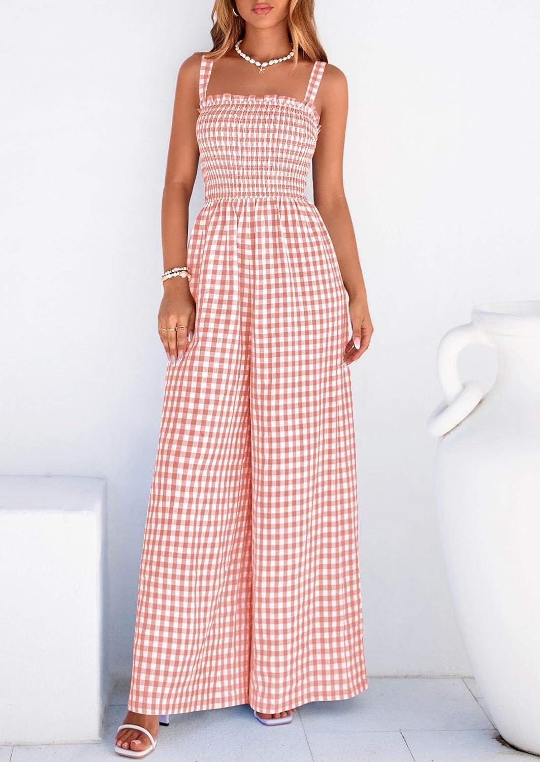imagePRETTYGARDEN One Piece Jumpsuits for Women Casual Summer Cruise Outfits 2026 Spring Fashion Smocked Wide Leg Gingham RompersLight Pink