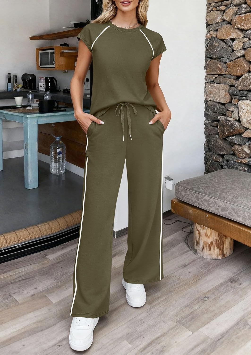imagePRETTYGARDEN Womens 2 Piece Lounge Sets 2026 Summer Cap Sleeve Tops Wide Leg Pants Travel Outfits Matching Fashion ClothingArmy Green