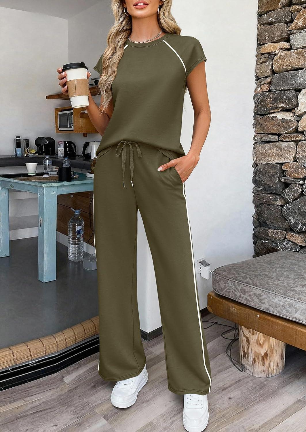 imagePRETTYGARDEN Womens 2 Piece Lounge Sets 2026 Summer Cap Sleeve Tops Wide Leg Pants Travel Outfits Matching Fashion ClothingArmy Green