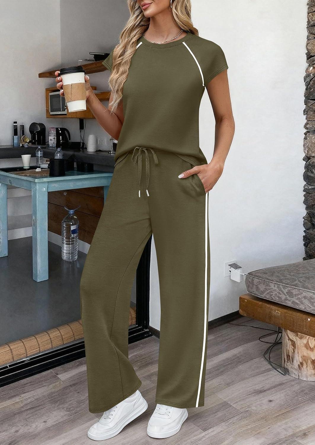 imagePRETTYGARDEN Womens 2 Piece Lounge Sets 2026 Summer Cap Sleeve Tops Wide Leg Pants Travel Outfits Matching Fashion ClothingArmy Green