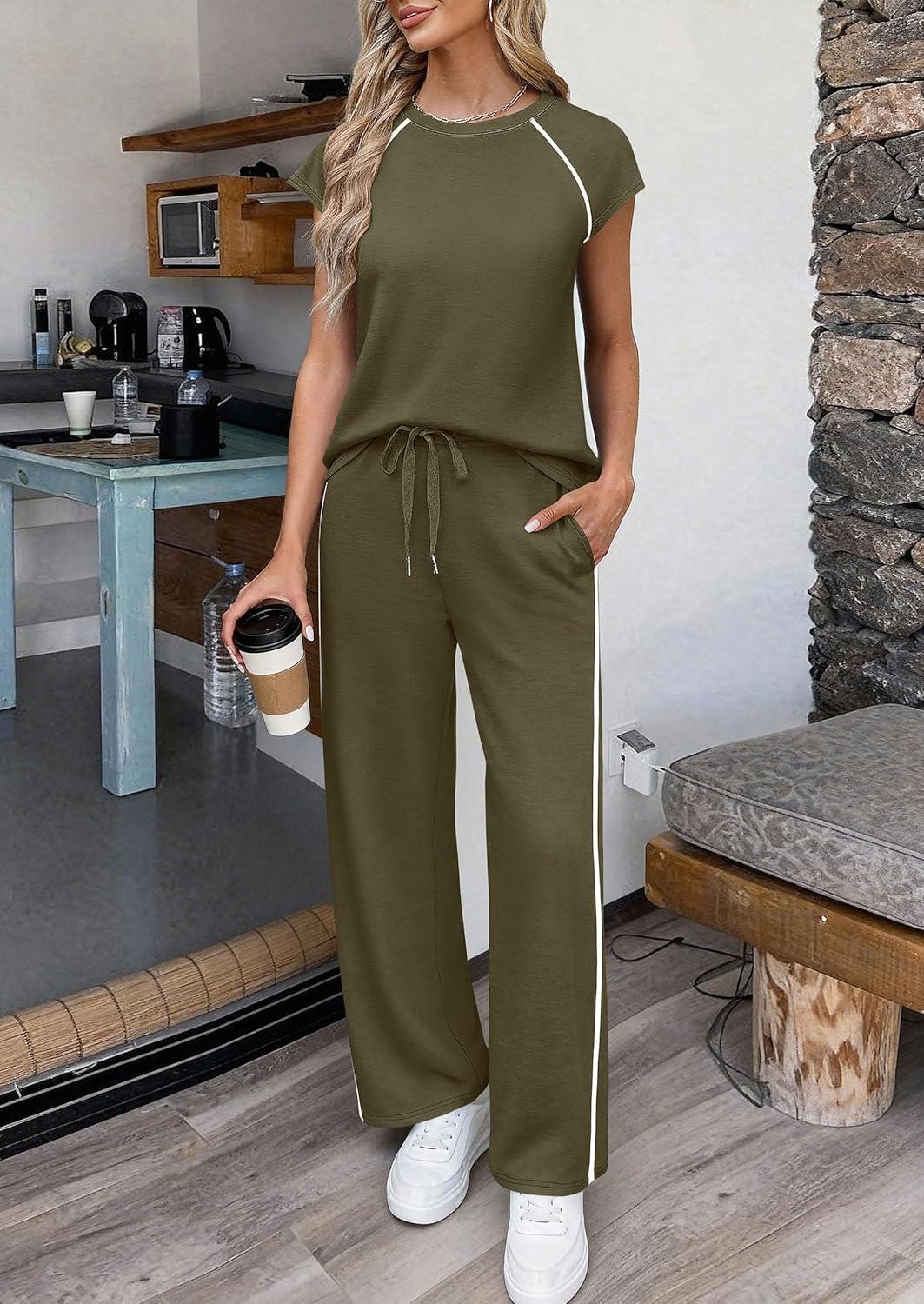 imagePRETTYGARDEN Womens 2 Piece Lounge Sets 2026 Summer Cap Sleeve Tops Wide Leg Pants Travel Outfits Matching Fashion ClothingArmy Green