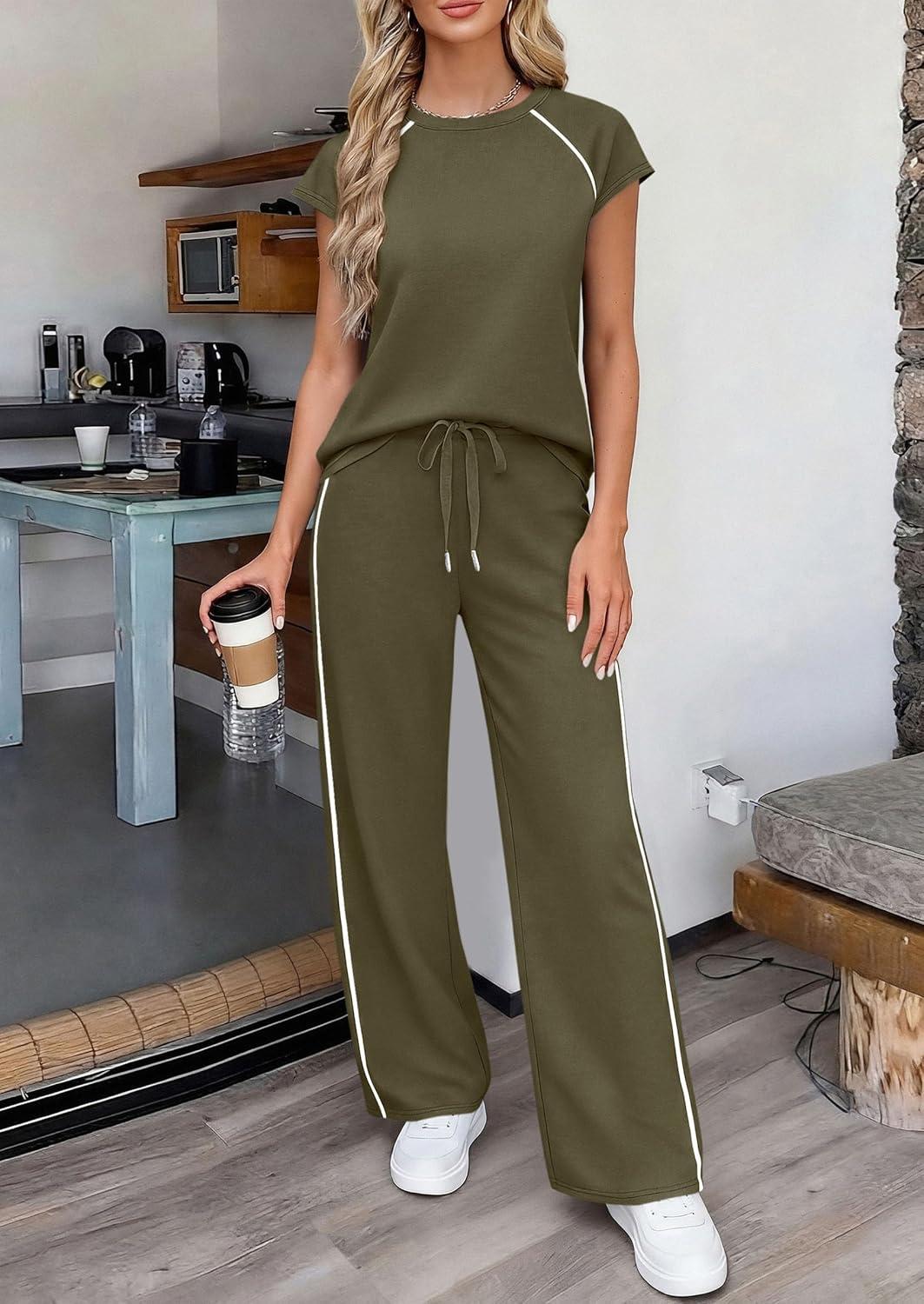 imagePRETTYGARDEN Womens 2 Piece Lounge Sets 2026 Summer Cap Sleeve Tops Wide Leg Pants Travel Outfits Matching Fashion ClothingArmy Green