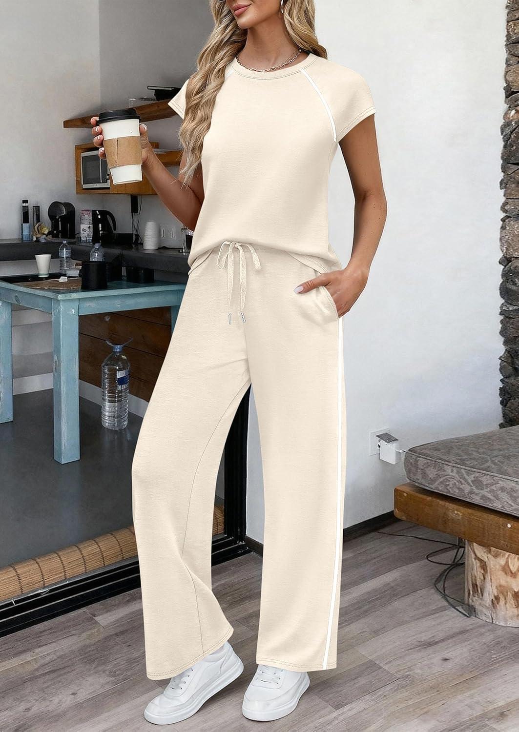 imagePRETTYGARDEN Womens 2 Piece Lounge Sets 2026 Summer Cap Sleeve Tops Wide Leg Pants Travel Outfits Matching Fashion ClothingBeige