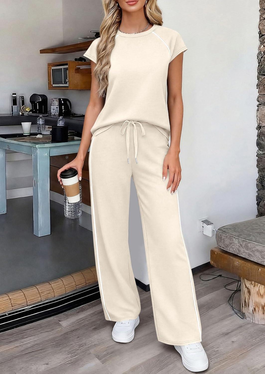 imagePRETTYGARDEN Womens 2 Piece Lounge Sets 2026 Summer Cap Sleeve Tops Wide Leg Pants Travel Outfits Matching Fashion ClothingBeige