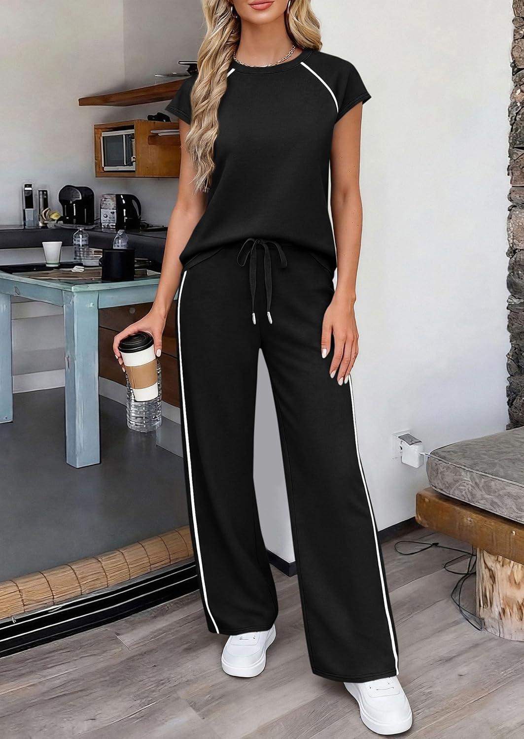 imagePRETTYGARDEN Womens 2 Piece Lounge Sets 2026 Summer Cap Sleeve Tops Wide Leg Pants Travel Outfits Matching Fashion ClothingBlack