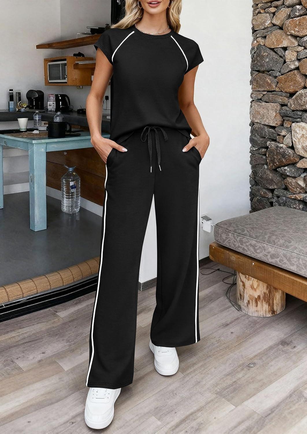 imagePRETTYGARDEN Womens 2 Piece Lounge Sets 2026 Summer Cap Sleeve Tops Wide Leg Pants Travel Outfits Matching Fashion ClothingBlack
