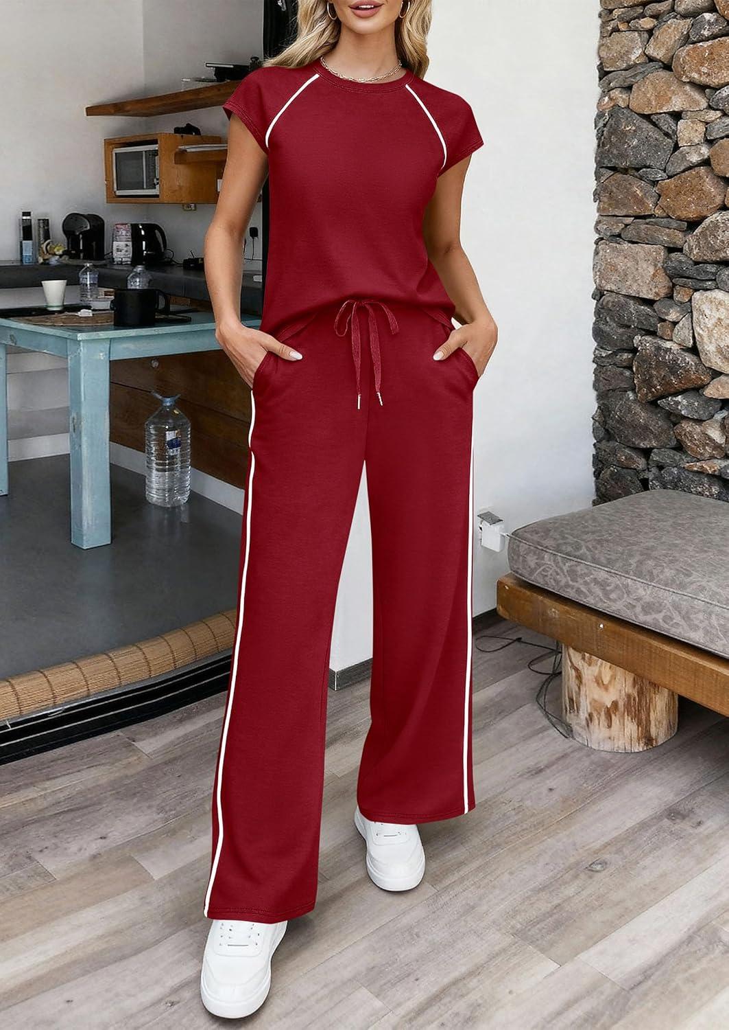 imagePRETTYGARDEN Womens 2 Piece Lounge Sets 2026 Summer Cap Sleeve Tops Wide Leg Pants Travel Outfits Matching Fashion ClothingBurgundy