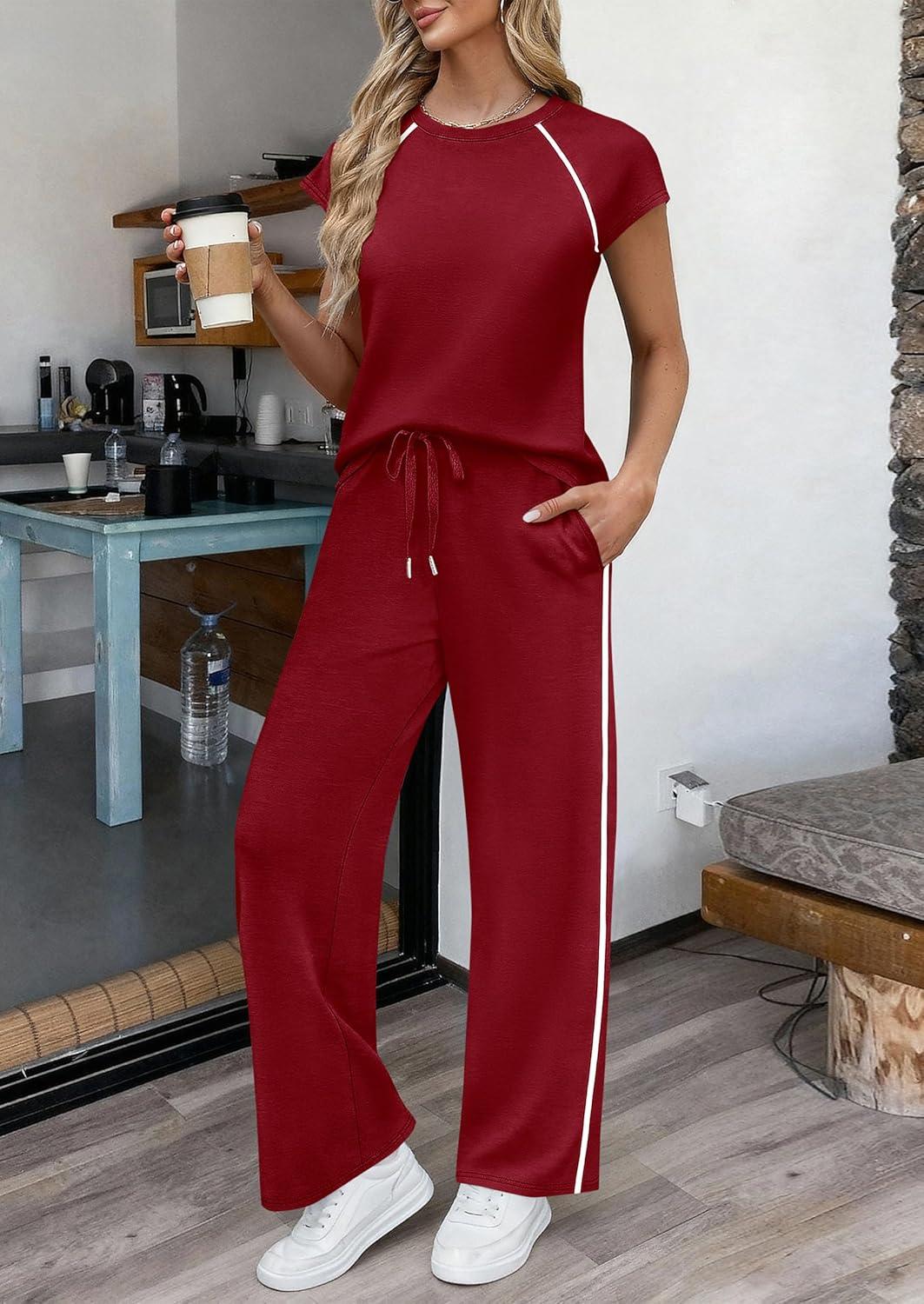 imagePRETTYGARDEN Womens 2 Piece Lounge Sets 2026 Summer Cap Sleeve Tops Wide Leg Pants Travel Outfits Matching Fashion ClothingBurgundy