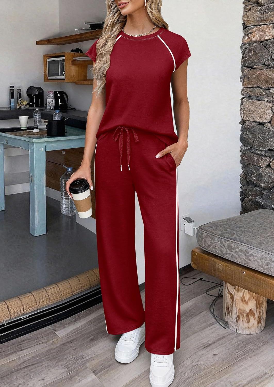 imagePRETTYGARDEN Womens 2 Piece Lounge Sets 2026 Summer Cap Sleeve Tops Wide Leg Pants Travel Outfits Matching Fashion ClothingBurgundy