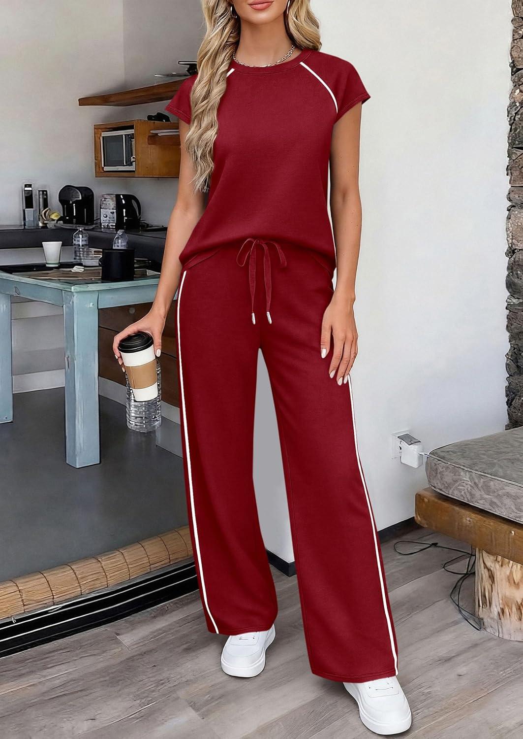 imagePRETTYGARDEN Womens 2 Piece Lounge Sets 2026 Summer Cap Sleeve Tops Wide Leg Pants Travel Outfits Matching Fashion ClothingBurgundy