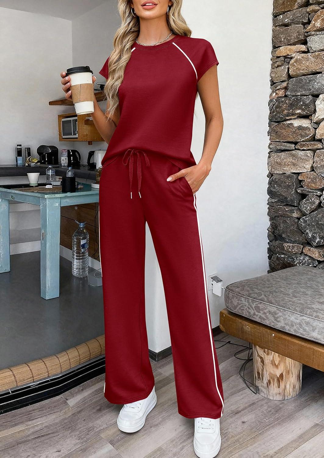 imagePRETTYGARDEN Womens 2 Piece Lounge Sets 2026 Summer Cap Sleeve Tops Wide Leg Pants Travel Outfits Matching Fashion ClothingBurgundy