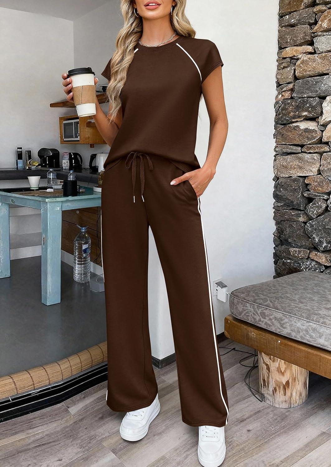 imagePRETTYGARDEN Womens 2 Piece Lounge Sets 2026 Summer Cap Sleeve Tops Wide Leg Pants Travel Outfits Matching Fashion ClothingDark Brown