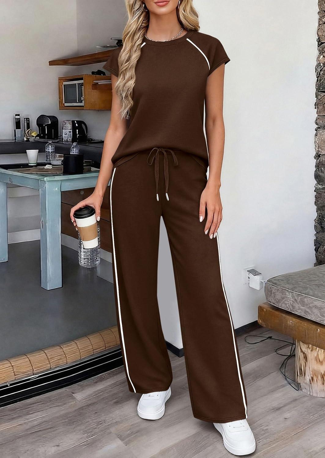 imagePRETTYGARDEN Womens 2 Piece Lounge Sets 2026 Summer Cap Sleeve Tops Wide Leg Pants Travel Outfits Matching Fashion ClothingDark Brown
