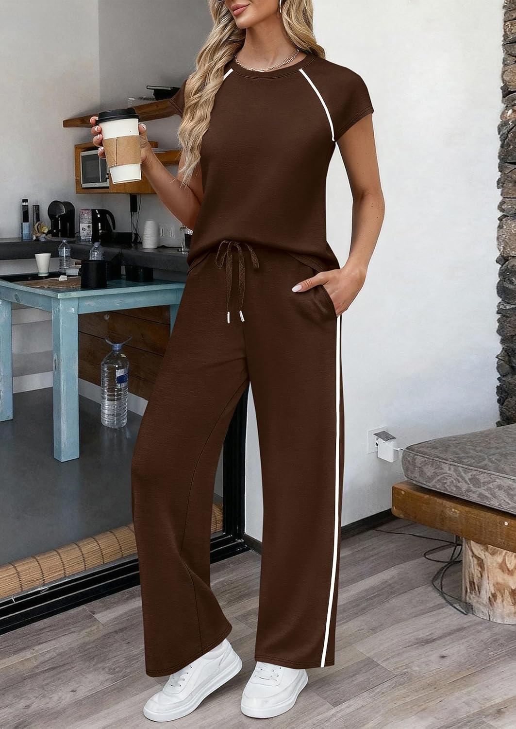 imagePRETTYGARDEN Womens 2 Piece Lounge Sets 2026 Summer Cap Sleeve Tops Wide Leg Pants Travel Outfits Matching Fashion ClothingDark Brown