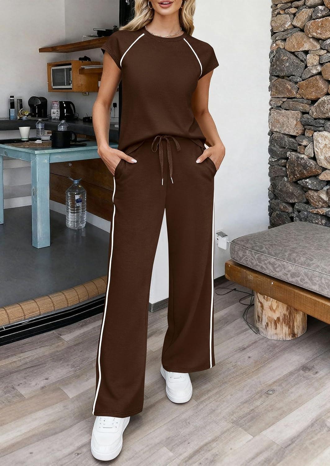 imagePRETTYGARDEN Womens 2 Piece Lounge Sets 2026 Summer Cap Sleeve Tops Wide Leg Pants Travel Outfits Matching Fashion ClothingDark Brown