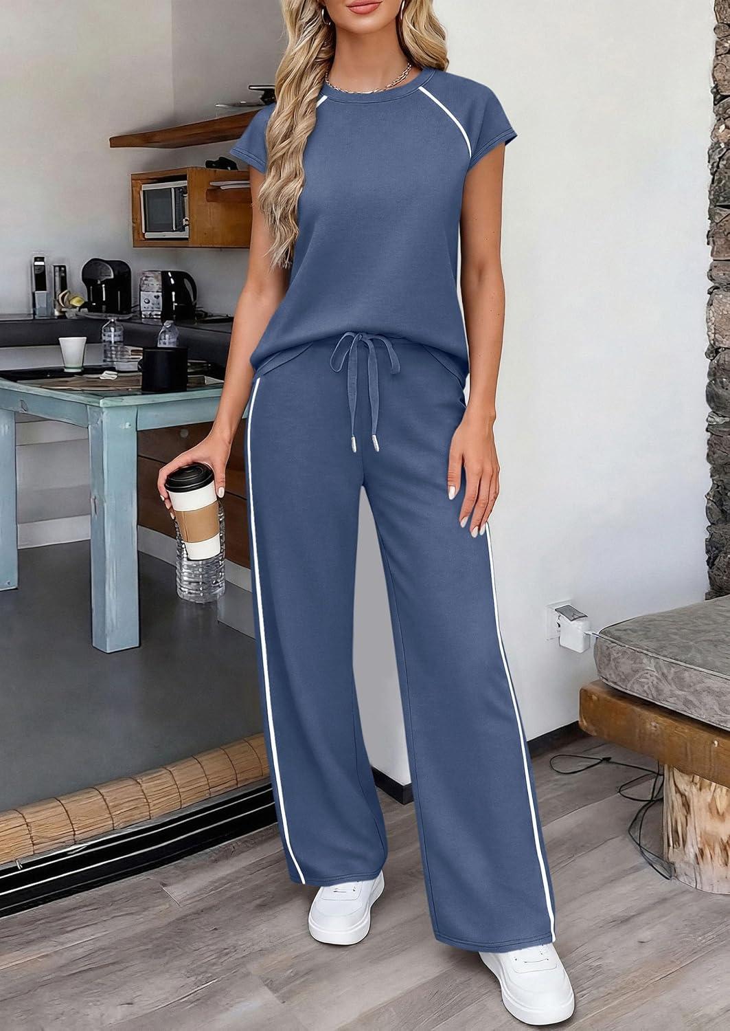 imagePRETTYGARDEN Womens 2 Piece Lounge Sets 2026 Summer Cap Sleeve Tops Wide Leg Pants Travel Outfits Matching Fashion ClothingDusty Blue
