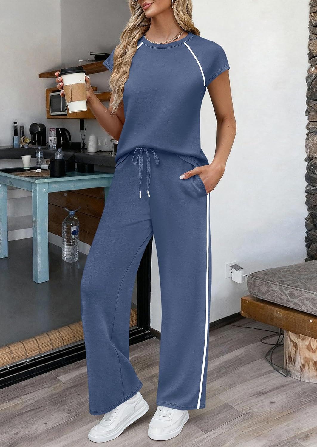 imagePRETTYGARDEN Womens 2 Piece Lounge Sets 2026 Summer Cap Sleeve Tops Wide Leg Pants Travel Outfits Matching Fashion ClothingDusty Blue