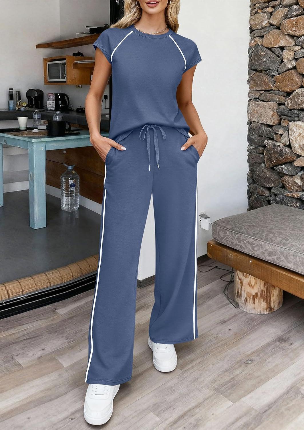 imagePRETTYGARDEN Womens 2 Piece Lounge Sets 2026 Summer Cap Sleeve Tops Wide Leg Pants Travel Outfits Matching Fashion ClothingDusty Blue