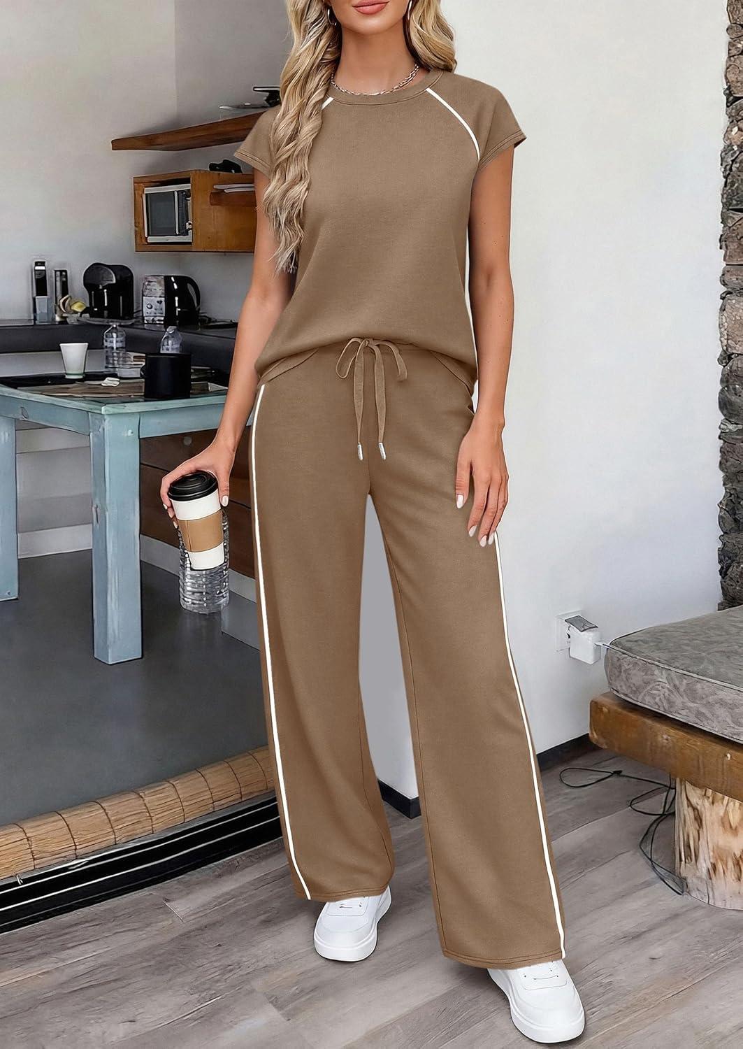 imagePRETTYGARDEN Womens 2 Piece Lounge Sets 2026 Summer Cap Sleeve Tops Wide Leg Pants Travel Outfits Matching Fashion ClothingKhaki