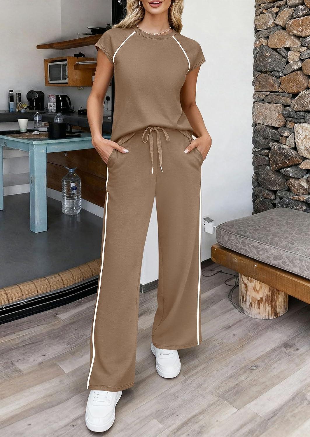 imagePRETTYGARDEN Womens 2 Piece Lounge Sets 2026 Summer Cap Sleeve Tops Wide Leg Pants Travel Outfits Matching Fashion ClothingKhaki