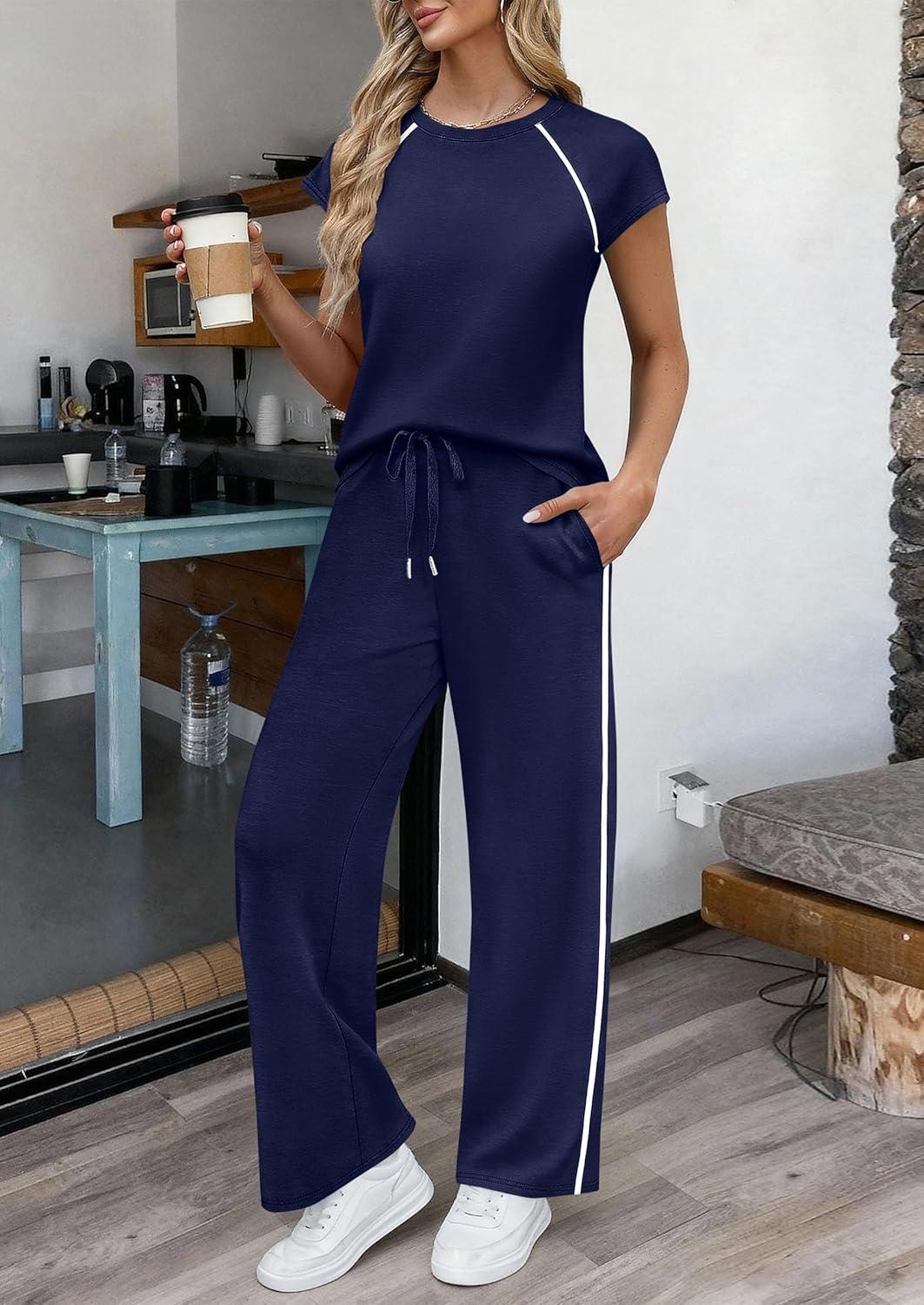 imagePRETTYGARDEN Womens 2 Piece Lounge Sets 2026 Summer Cap Sleeve Tops Wide Leg Pants Travel Outfits Matching Fashion ClothingNavy Blue