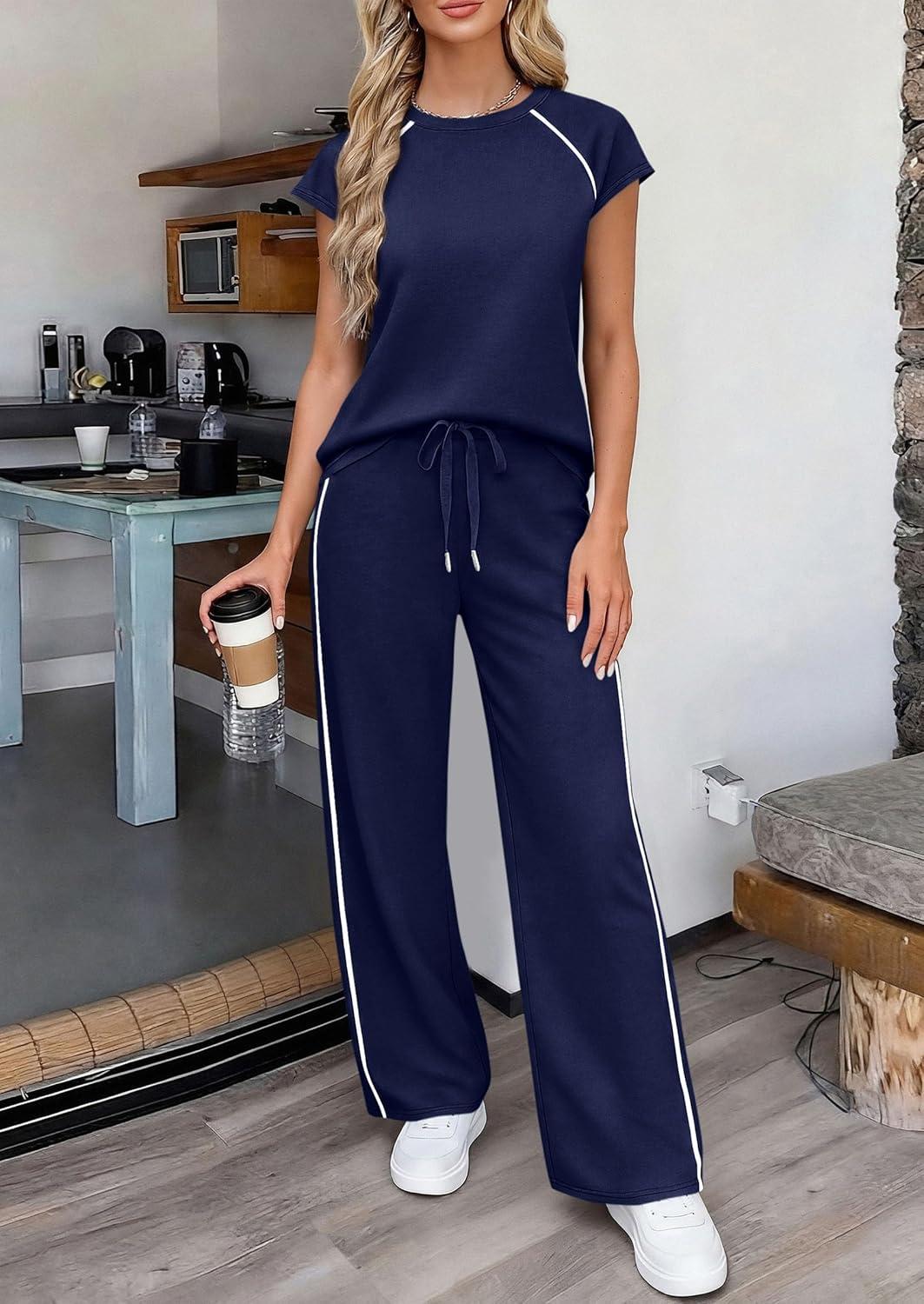 imagePRETTYGARDEN Womens 2 Piece Lounge Sets 2026 Summer Cap Sleeve Tops Wide Leg Pants Travel Outfits Matching Fashion ClothingNavy Blue
