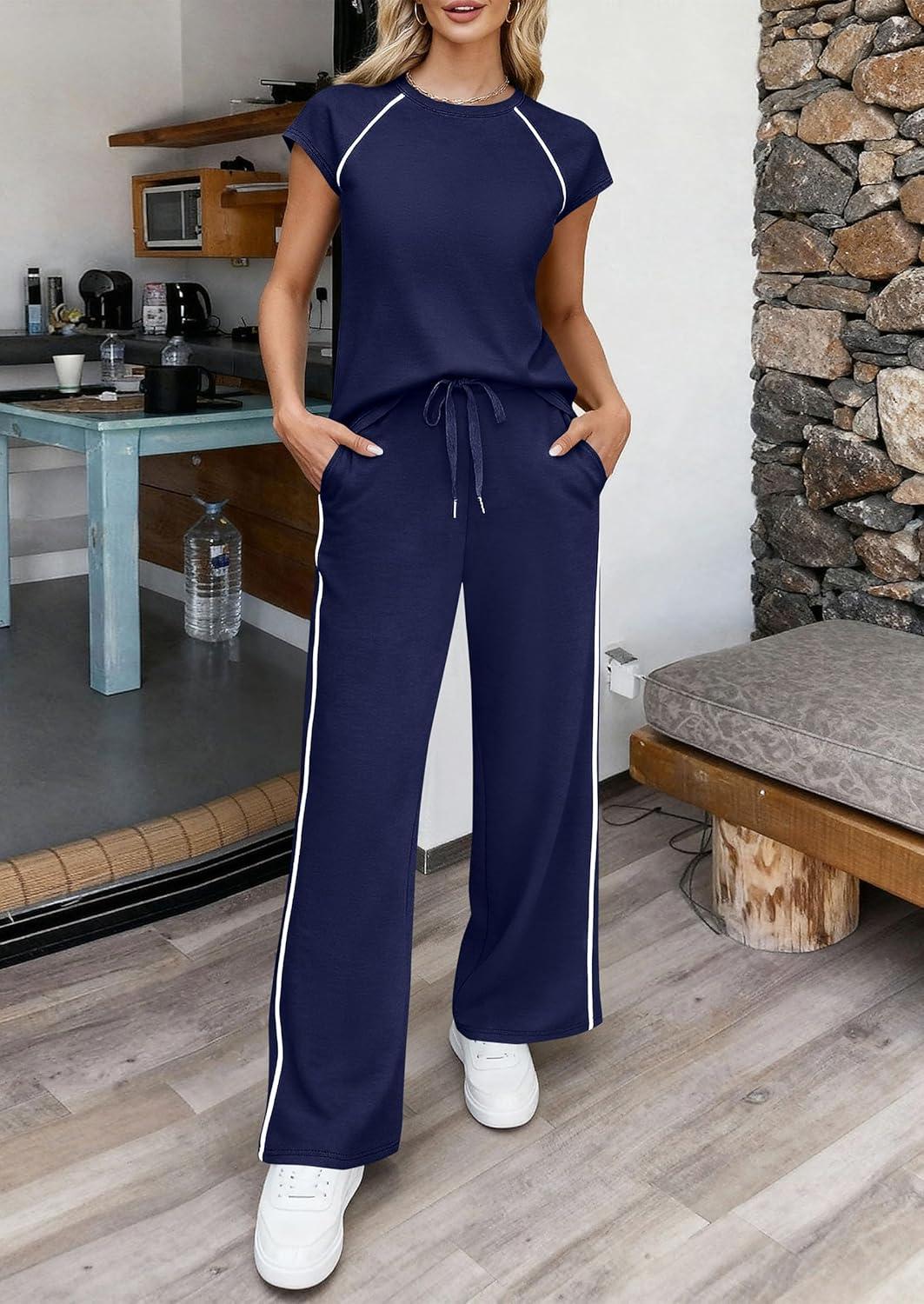 imagePRETTYGARDEN Womens 2 Piece Lounge Sets 2026 Summer Cap Sleeve Tops Wide Leg Pants Travel Outfits Matching Fashion ClothingNavy Blue