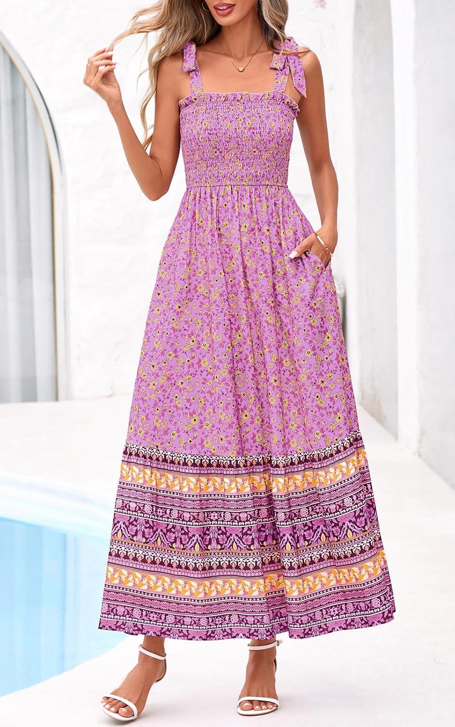 imagePRETTYGARDEN Womens 2026 Summer Maxi Dress Tie Straps Floral Beach Vacation Long Dresses Smocked Boho Sundress with PocketsPink Purple Floral