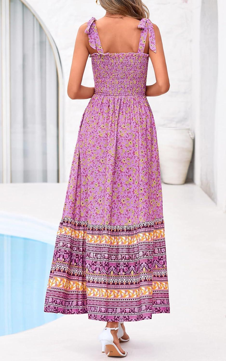 imagePRETTYGARDEN Womens 2026 Summer Maxi Dress Tie Straps Floral Beach Vacation Long Dresses Smocked Boho Sundress with PocketsPink Purple Floral