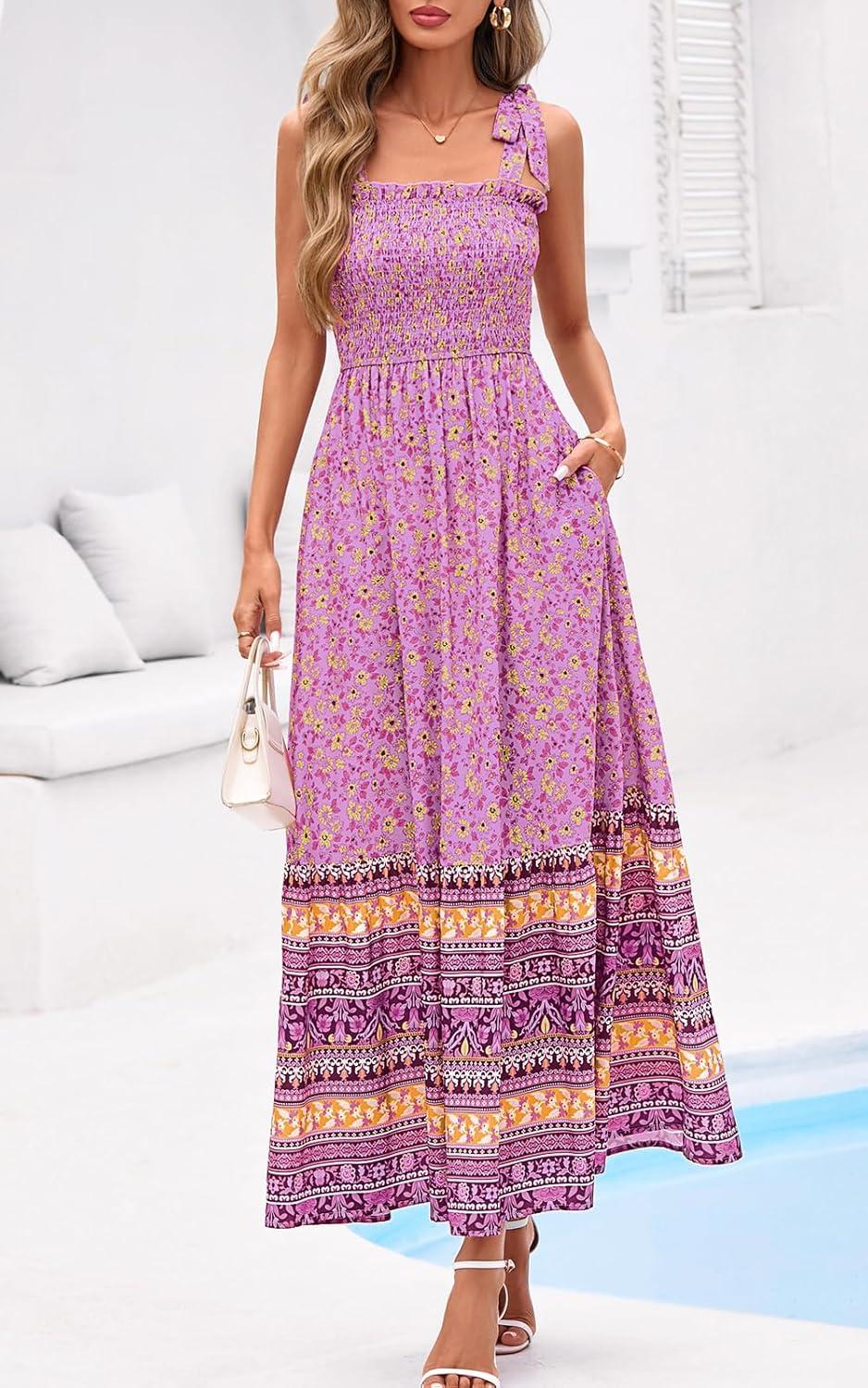 imagePRETTYGARDEN Womens 2026 Summer Maxi Dress Tie Straps Floral Beach Vacation Long Dresses Smocked Boho Sundress with PocketsPink Purple Floral