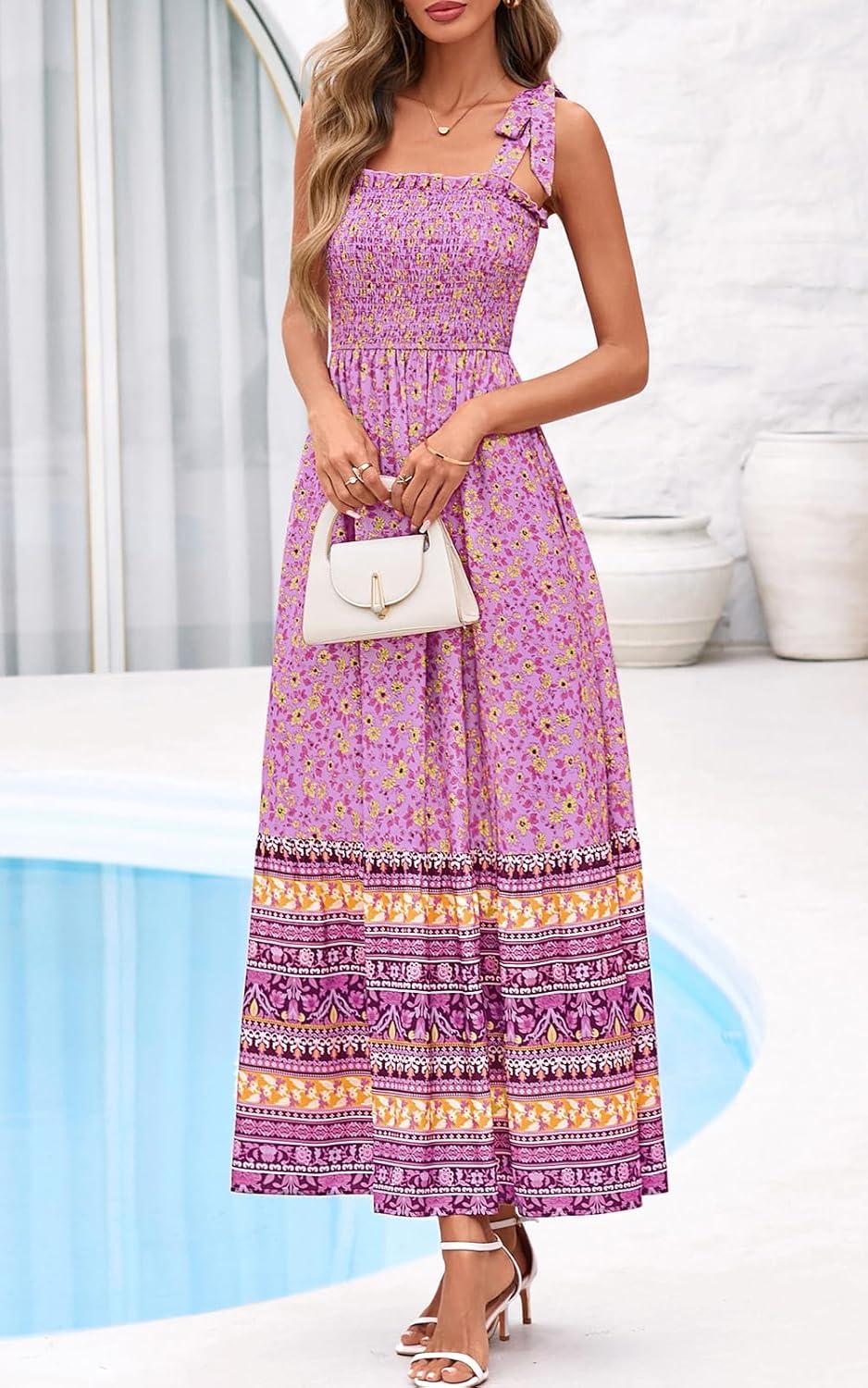 imagePRETTYGARDEN Womens 2026 Summer Maxi Dress Tie Straps Floral Beach Vacation Long Dresses Smocked Boho Sundress with PocketsPink Purple Floral