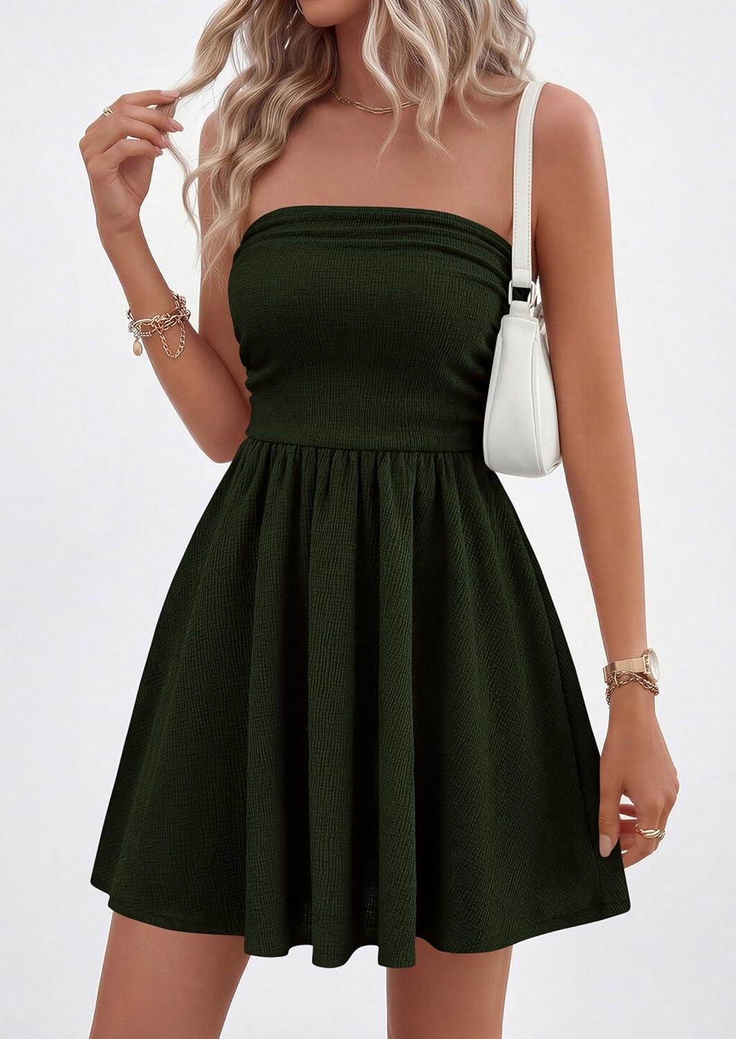 imagePRETTYGARDEN Womens 2026 Summer Rompers Dressy Casual Strapless Shorts One Piece Jumpsuits Date Night Beach Vacation OutfitsDark Green