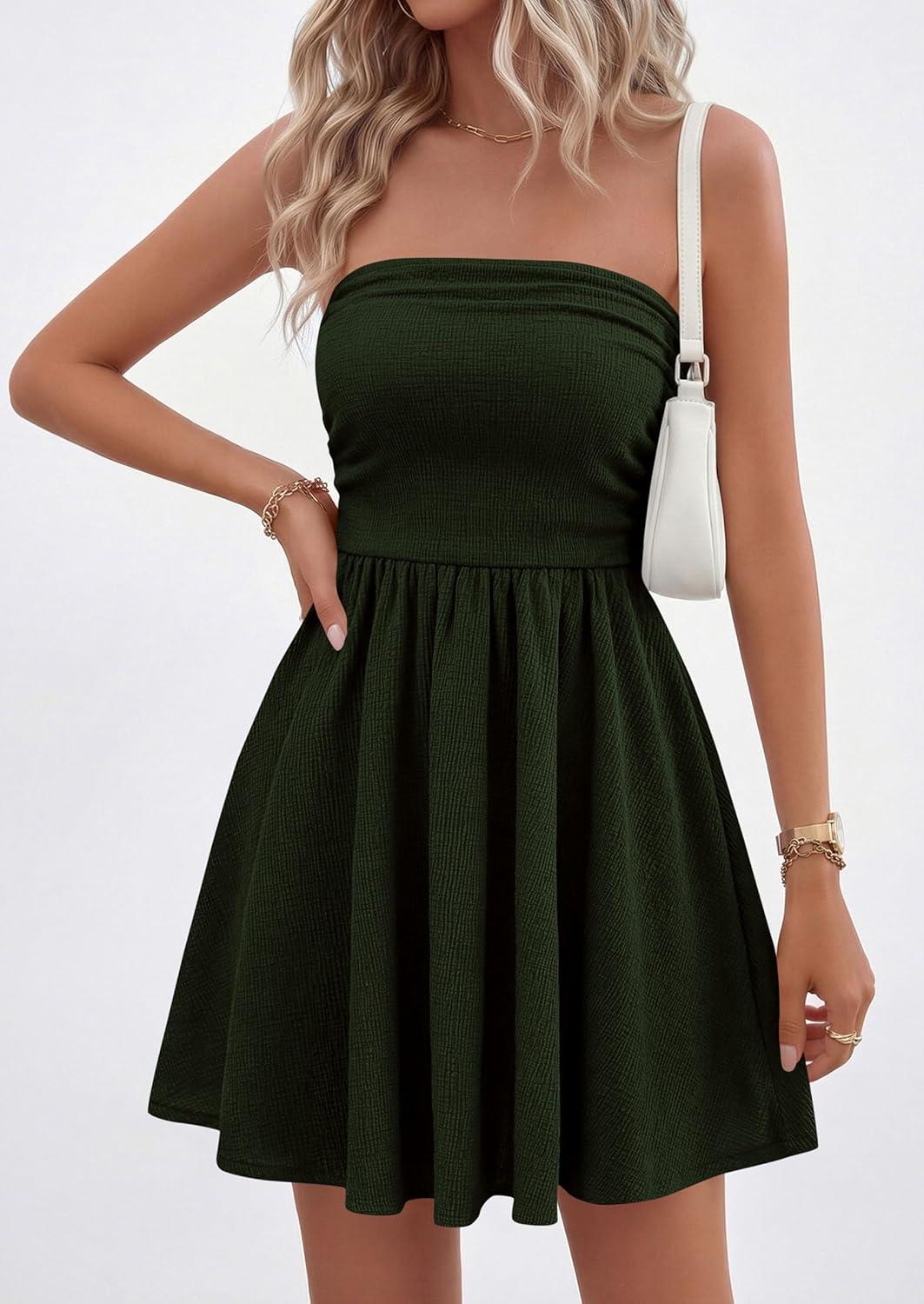 imagePRETTYGARDEN Womens 2026 Summer Rompers Dressy Casual Strapless Shorts One Piece Jumpsuits Date Night Beach Vacation OutfitsDark Green