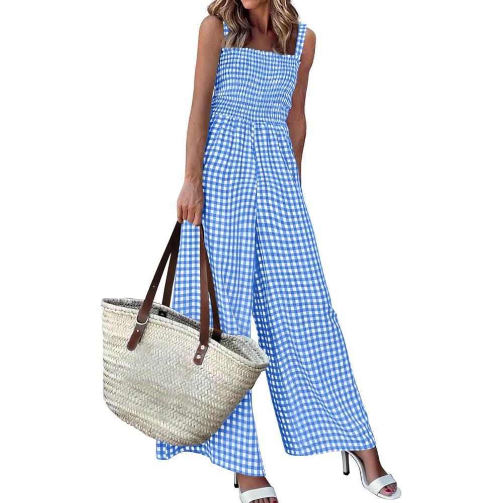 imagePRETTYGARDEN One Piece Jumpsuits for Women Casual Summer Cruise Outfits 2026 Spring Fashion Smocked Wide Leg Gingham RompersBlue