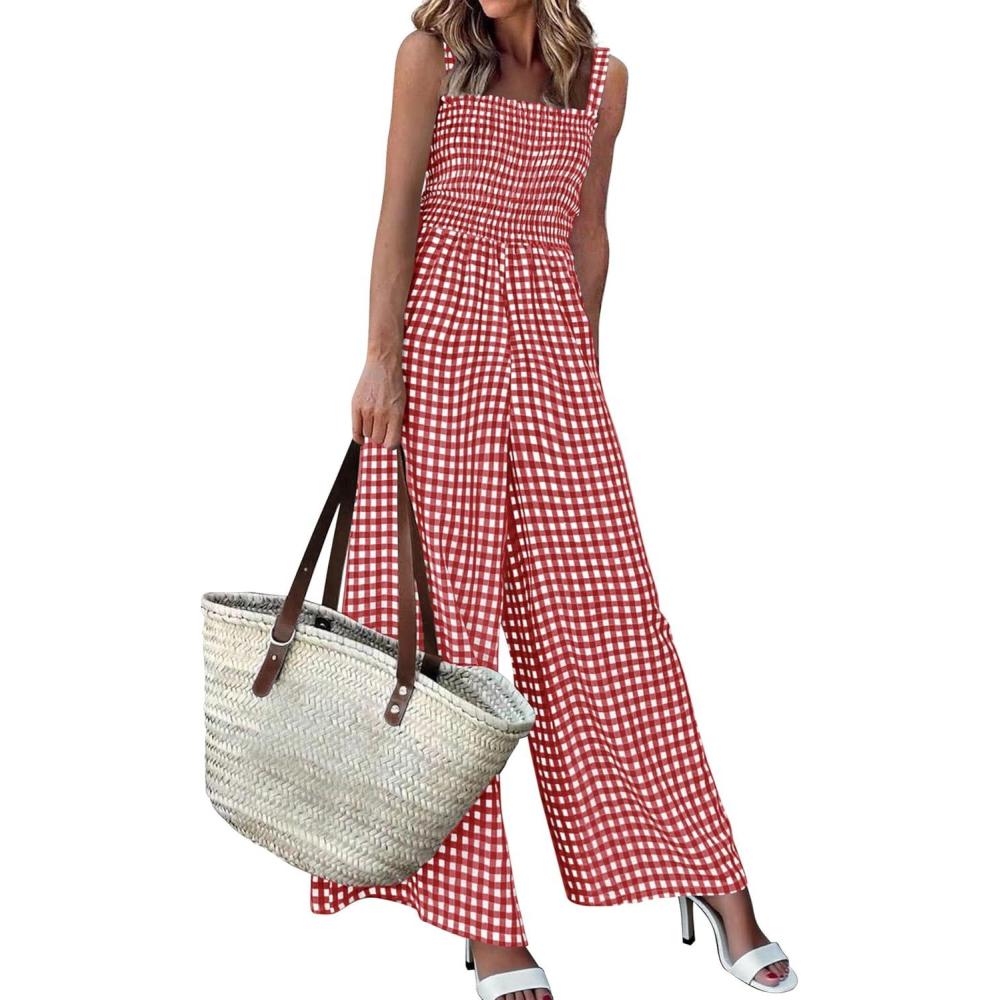 imagePRETTYGARDEN One Piece Jumpsuits for Women Casual Summer Cruise Outfits 2026 Spring Fashion Smocked Wide Leg Gingham RompersBurgundy
