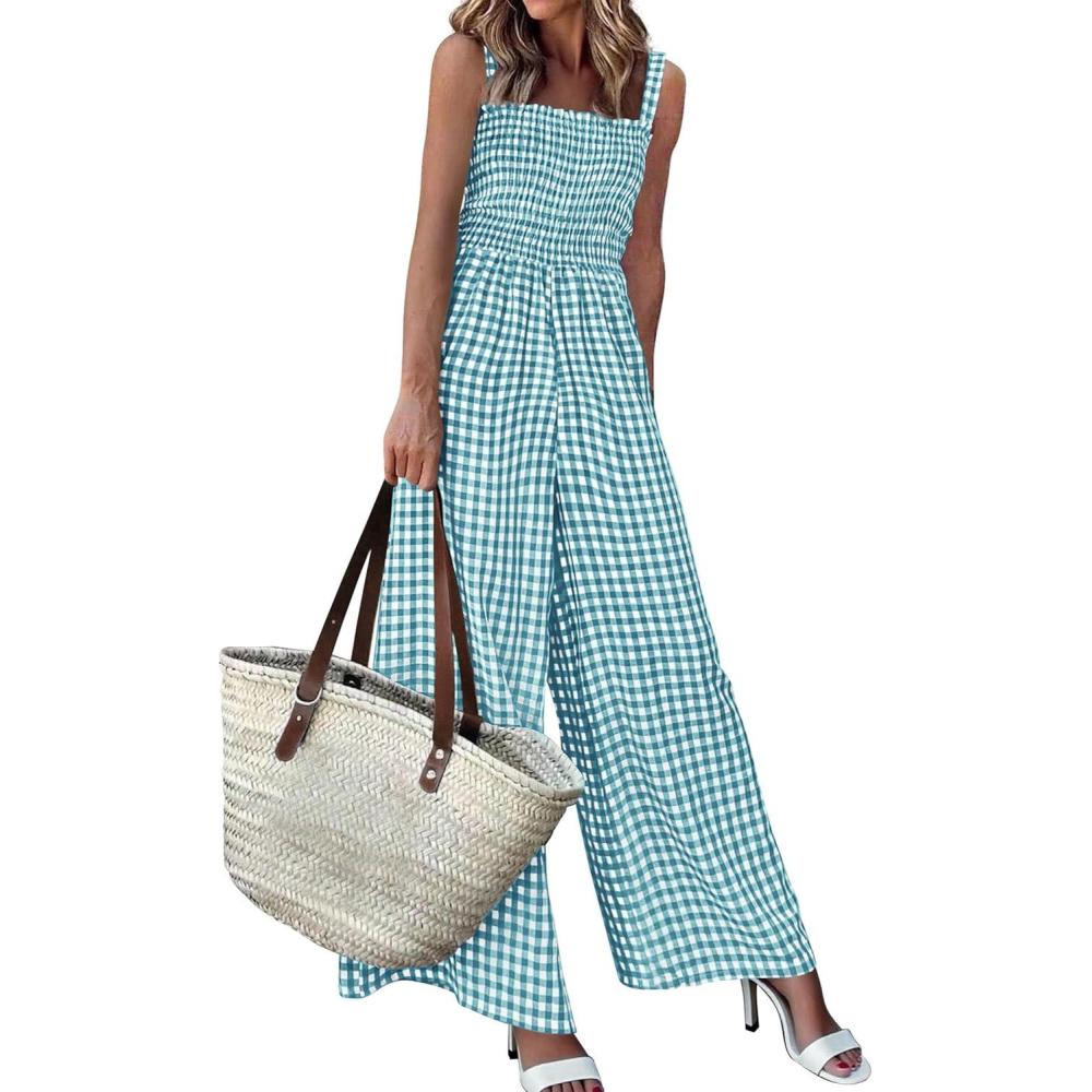 imagePRETTYGARDEN One Piece Jumpsuits for Women Casual Summer Cruise Outfits 2026 Spring Fashion Smocked Wide Leg Gingham RompersDusty Blue