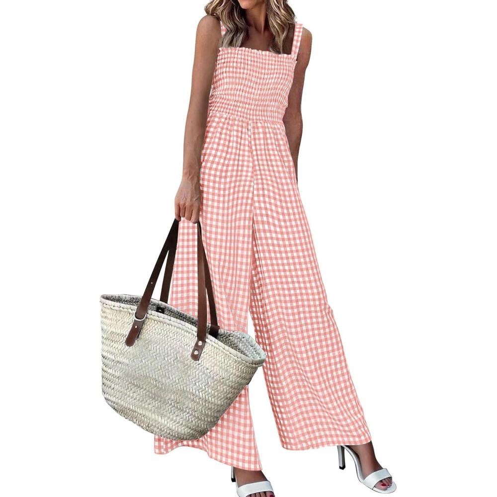 imagePRETTYGARDEN One Piece Jumpsuits for Women Casual Summer Cruise Outfits 2026 Spring Fashion Smocked Wide Leg Gingham RompersLight Pink