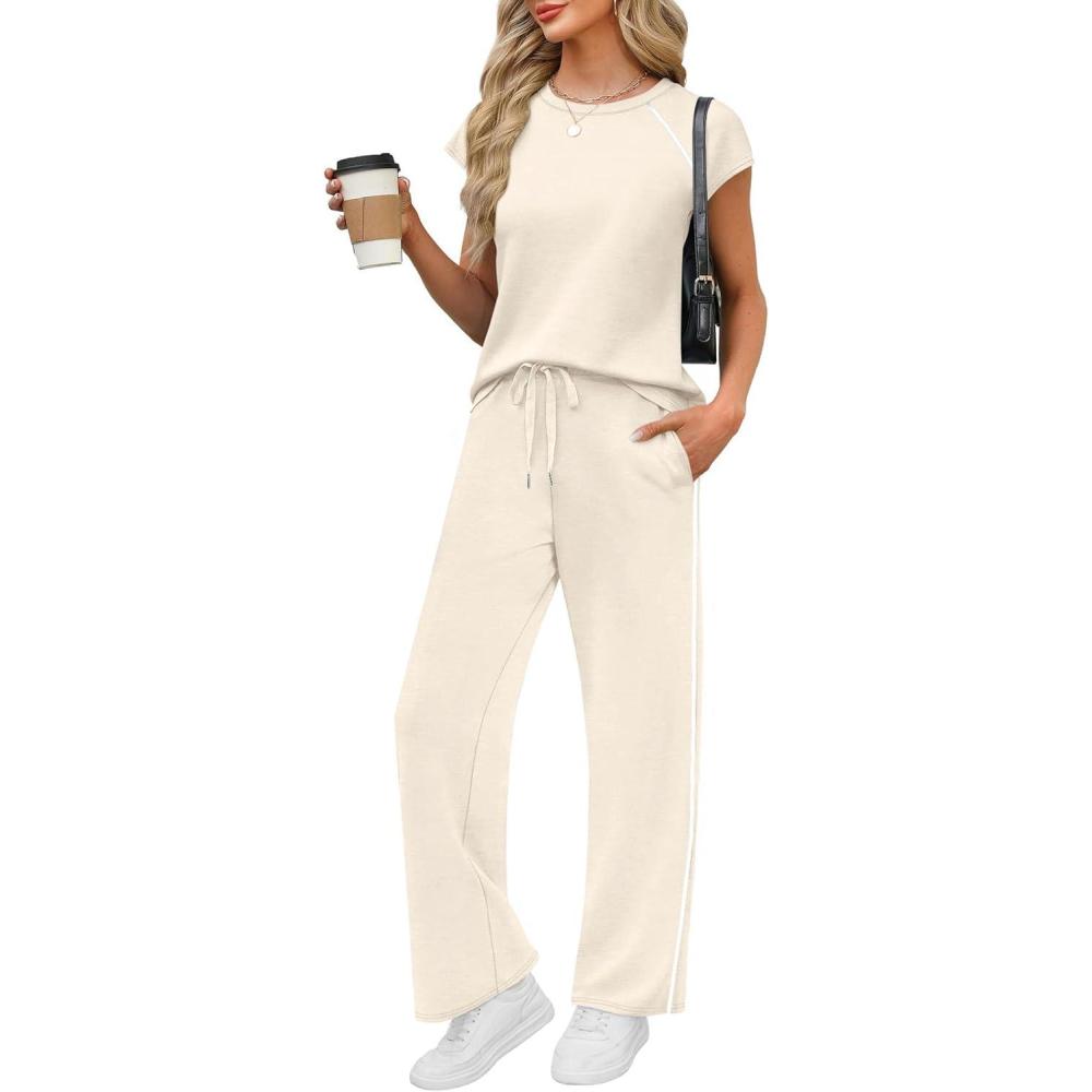 imagePRETTYGARDEN Womens 2 Piece Lounge Sets 2026 Summer Cap Sleeve Tops Wide Leg Pants Travel Outfits Matching Fashion ClothingBeige