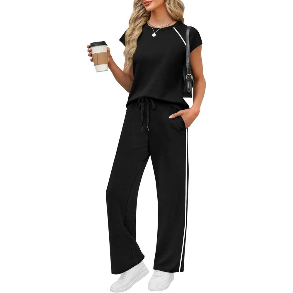 imagePRETTYGARDEN Womens 2 Piece Lounge Sets 2026 Summer Cap Sleeve Tops Wide Leg Pants Travel Outfits Matching Fashion ClothingBlack