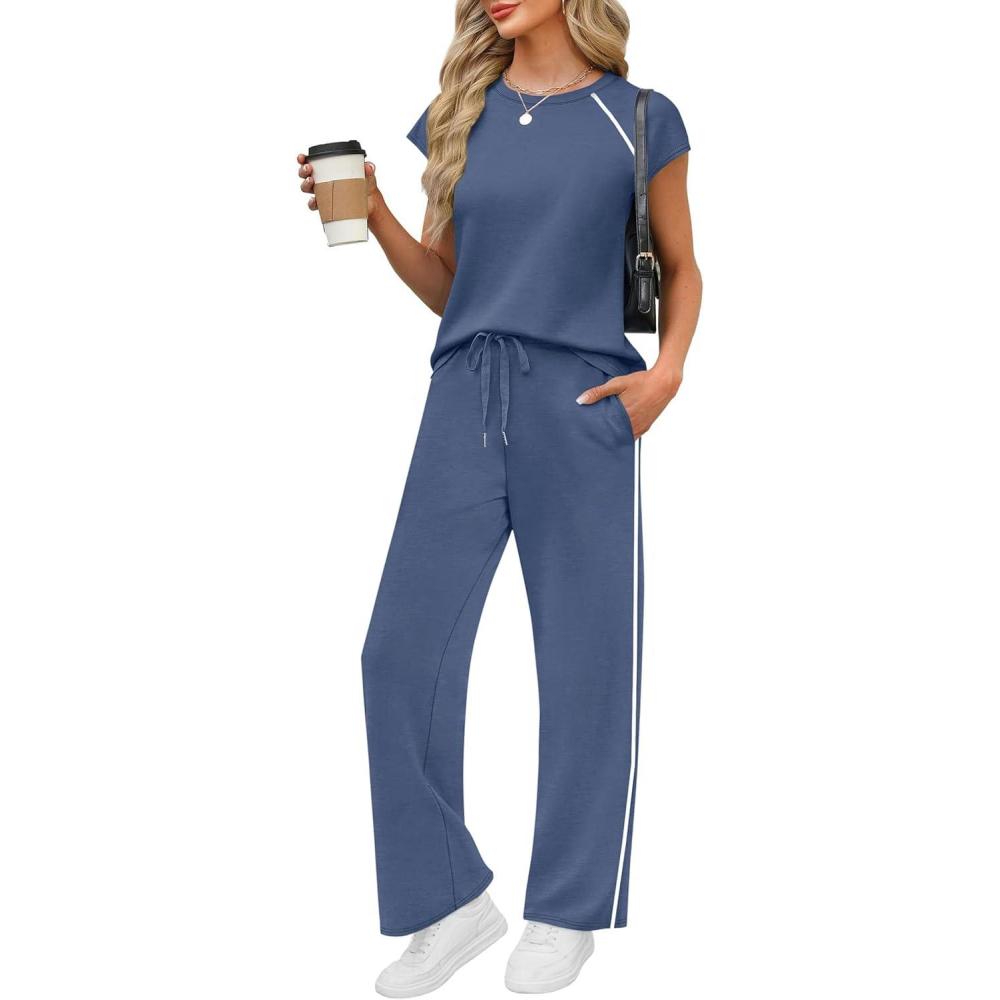 imagePRETTYGARDEN Womens 2 Piece Lounge Sets 2026 Summer Cap Sleeve Tops Wide Leg Pants Travel Outfits Matching Fashion ClothingDusty Blue