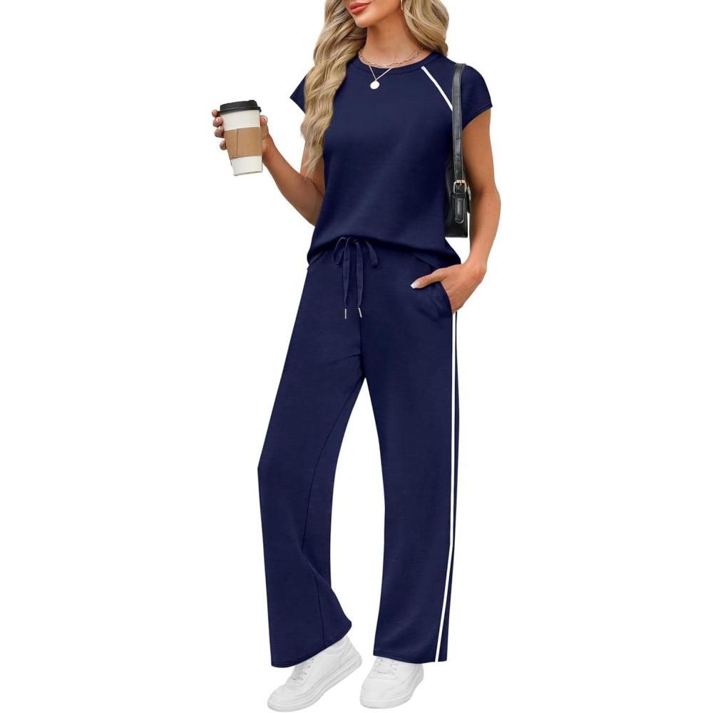 imagePRETTYGARDEN Womens 2 Piece Lounge Sets 2026 Summer Cap Sleeve Tops Wide Leg Pants Travel Outfits Matching Fashion ClothingNavy Blue