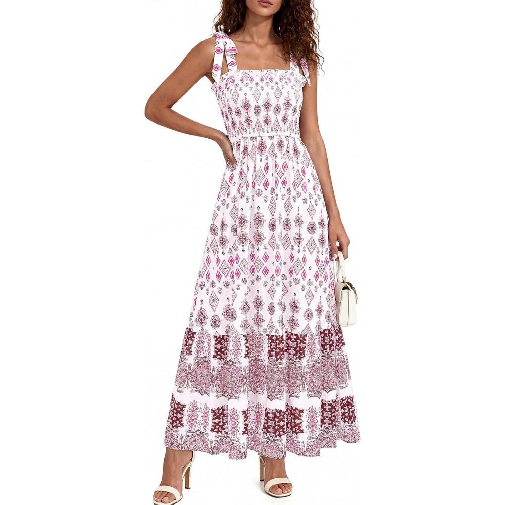 imagePRETTYGARDEN Womens 2026 Summer Maxi Dress Tie Straps Floral Beach Vacation Long Dresses Smocked Boho Sundress with PocketsWhite Rose Red Floral