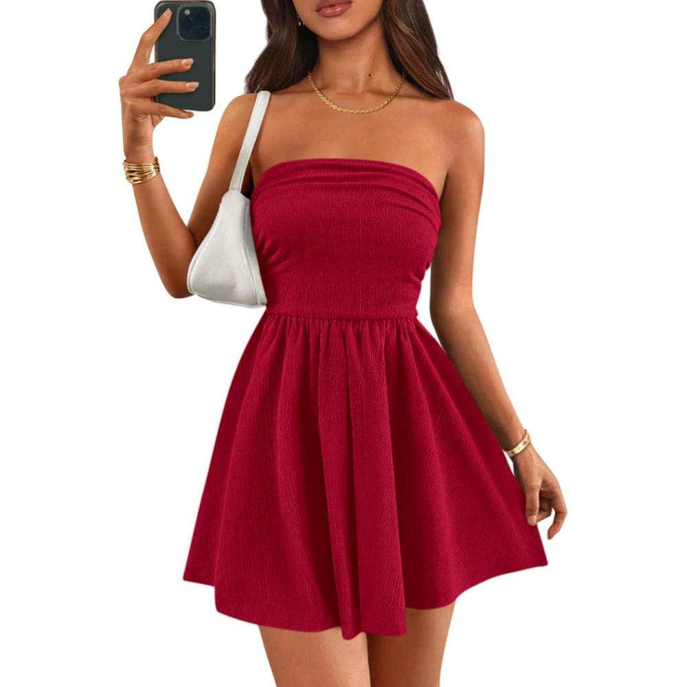 imagePRETTYGARDEN Womens 2026 Summer Rompers Dressy Casual Strapless Shorts One Piece Jumpsuits Date Night Beach Vacation OutfitsRed