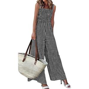 PRETTYGARDEN One Piece Jumpsuits for Women Casual Summer Cruise Outfits 2026 Spring Fashion Smocked Wide Leg Gingham Rompers(Black)