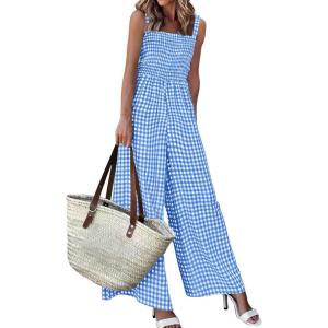 PRETTYGARDEN One Piece Jumpsuits for Women Casual Summer Cruise Outfits 2026 Spring Fashion Smocked Wide Leg Gingham Rompers(Blue)