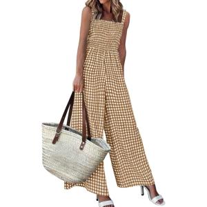 PRETTYGARDEN One Piece Jumpsuits for Women Casual Summer Cruise Outfits 2026 Spring Fashion Smocked Wide Leg Gingham Rompers(Brown)