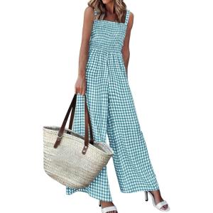 PRETTYGARDEN One Piece Jumpsuits for Women Casual Summer Cruise Outfits 2026 Spring Fashion Smocked Wide Leg Gingham Rompers(Dusty Blue)