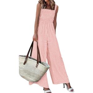 PRETTYGARDEN One Piece Jumpsuits for Women Casual Summer Cruise Outfits 2026 Spring Fashion Smocked Wide Leg Gingham Rompers(Light Pink)