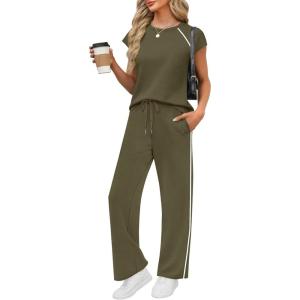 PRETTYGARDEN Women’s 2 Piece Lounge Sets 2026 Summer Cap Sleeve Tops Wide Leg Pants Travel Outfits Matching Fashion Clothing(Army Green)