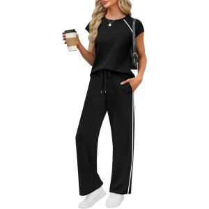 PRETTYGARDEN Women’s 2 Piece Lounge Sets 2026 Summer Cap Sleeve Tops Wide Leg Pants Travel Outfits Matching Fashion Clothing(Black)